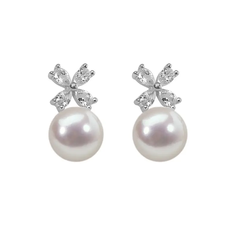S925 Silver Pearl Earrings Four Leaf Clover 7.5mm