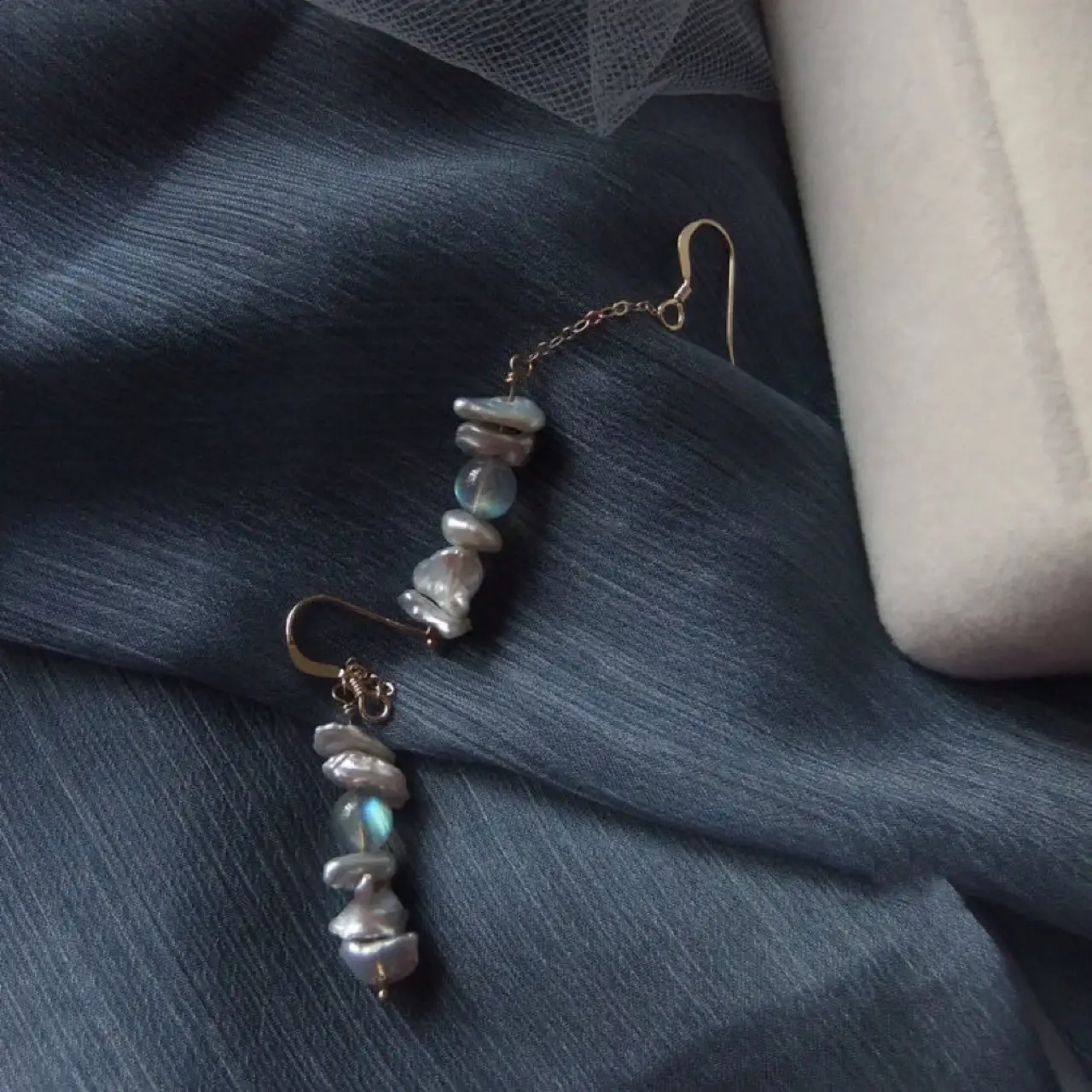 Natural Pearl Moonstone Earrings Long Hook 14K Gold - Image 2