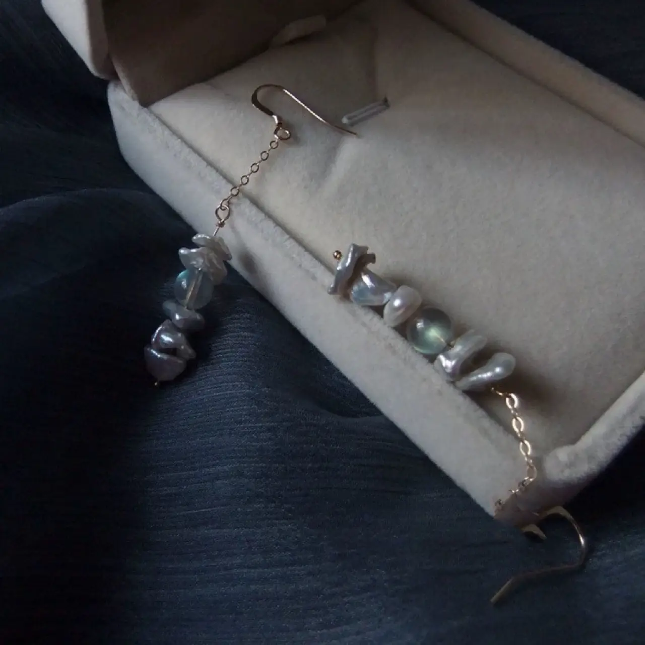 Natural Pearl Moonstone Earrings Long Hook 14K Gold - Image 3