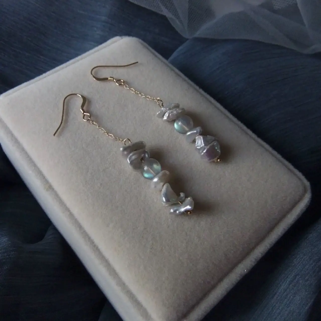 Natural Pearl Moonstone Earrings Long Hook 14K Gold - Image 4