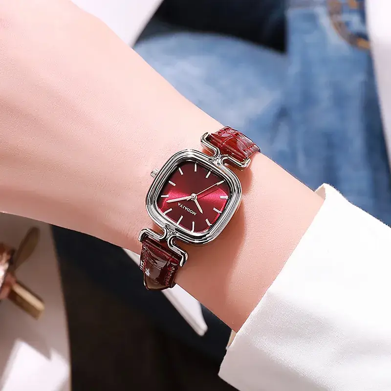 Women's Red Square Sugar Quartz Watch with Leather Band
