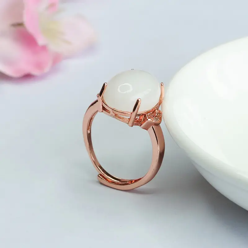 White Jade Ring with Rose Gold Setting - Image 5