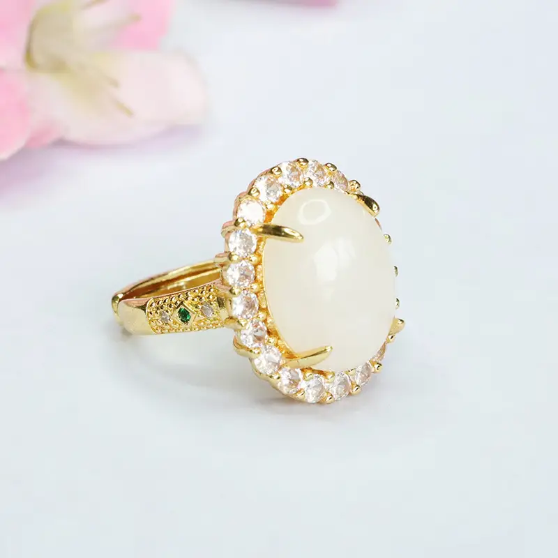 White Jade Ring with Crystal Border Gold Plated - Image 3
