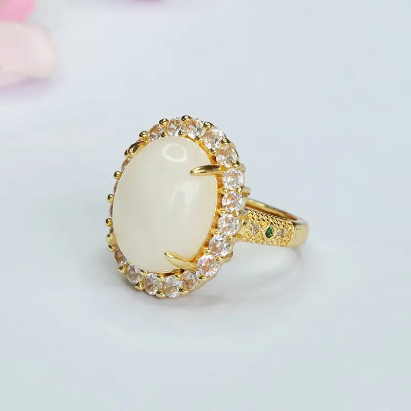 White Jade Ring with Crystal Border Gold Plated - Image 4