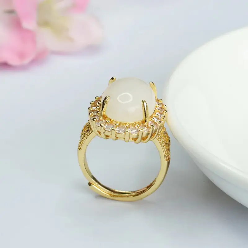 White Jade Ring with Crystal Border Gold Plated - Image 5