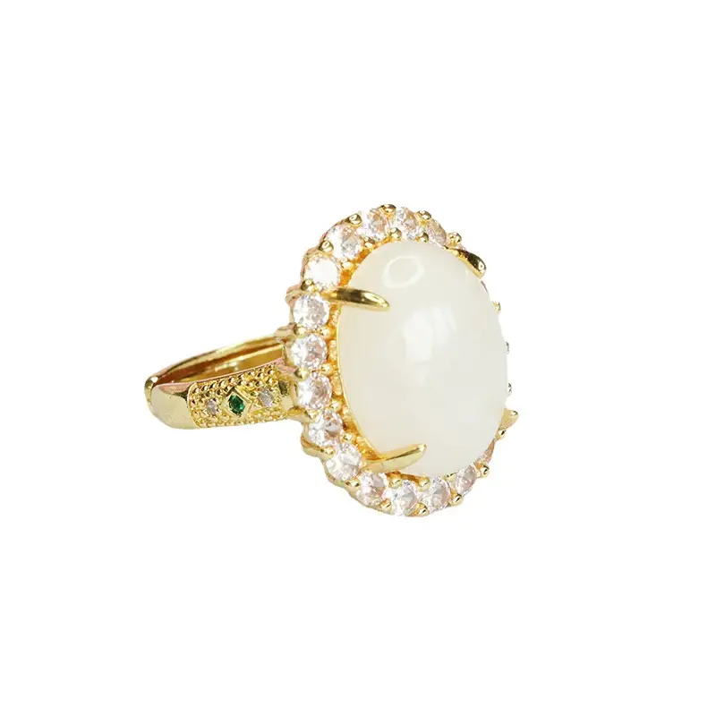 White Jade Ring with Crystal Border Gold Plated - Image 6