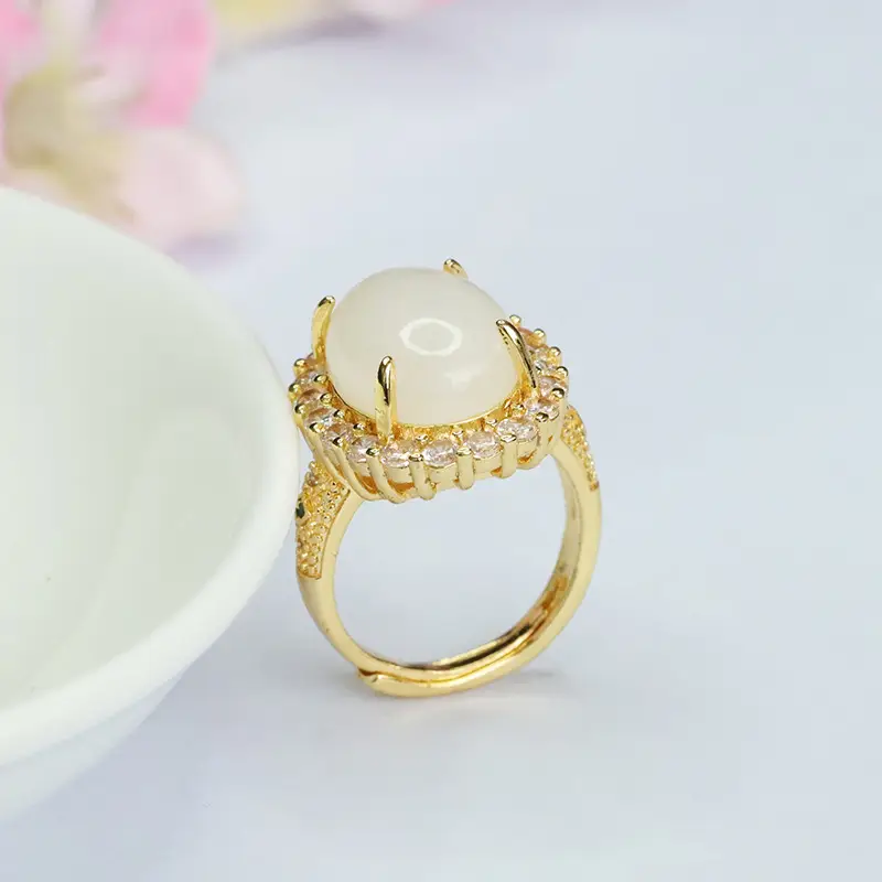 White Jade Ring with Crystal Border Gold Plated — feature 11