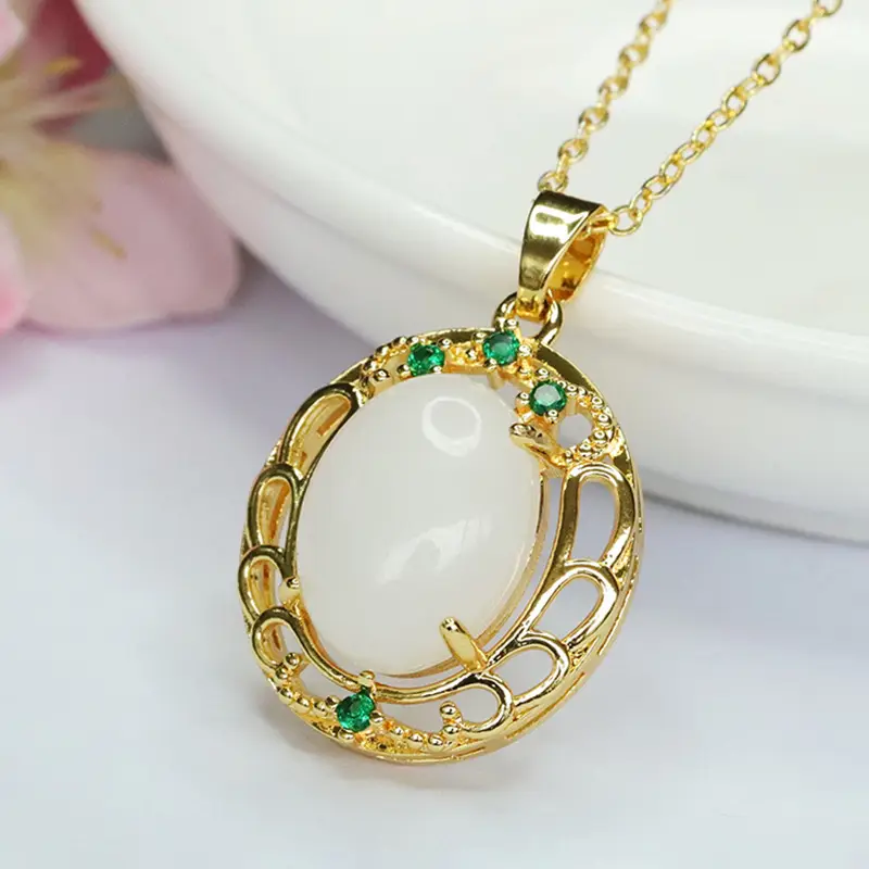 Guan Yu White Jade Pendant Necklace with Green Stones - Image 3