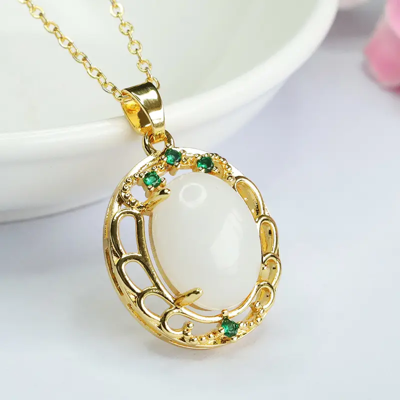 Guan Yu White Jade Pendant Necklace with Green Stones - Image 4