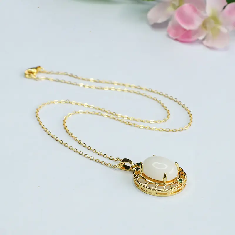 Guan Yu White Jade Pendant Necklace with Green Stones - Image 5