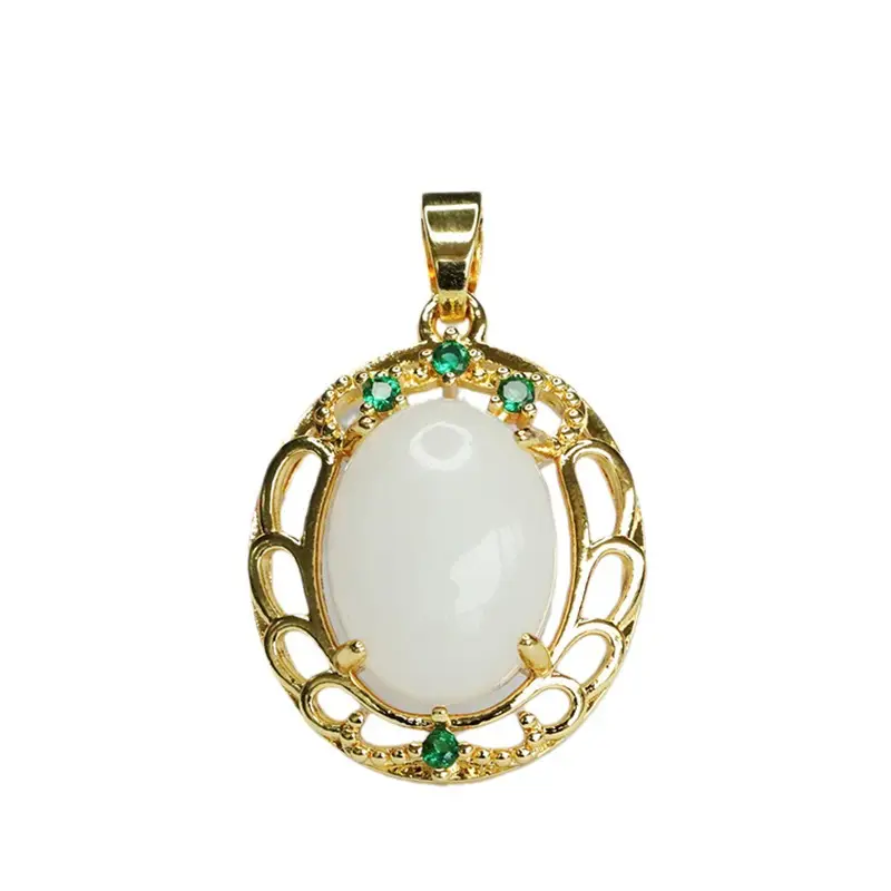 Guan Yu White Jade Pendant Necklace with Green Stones - Image 6