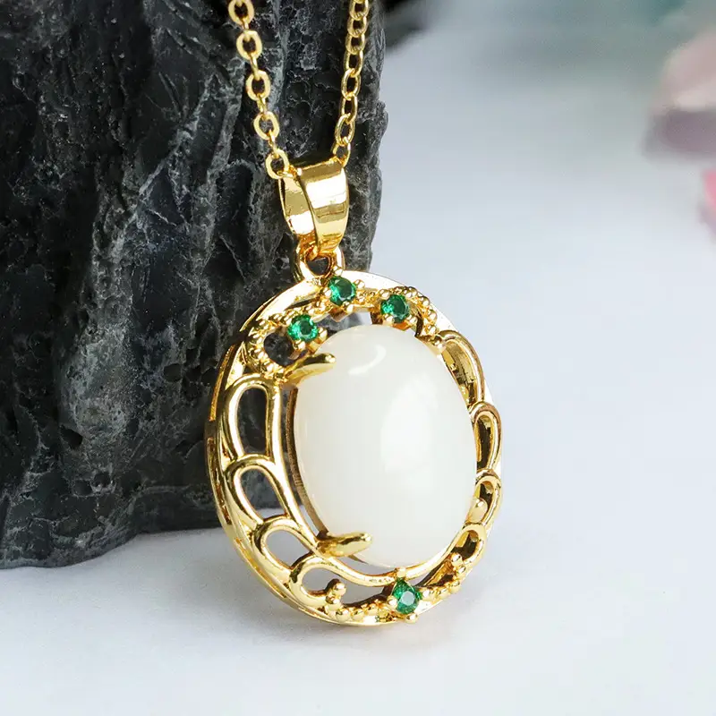 Guan Yu White Jade Pendant Necklace with Green Stones — feature 10