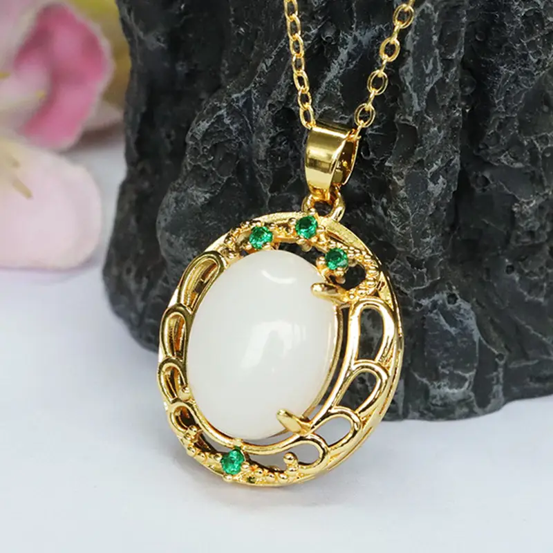 Guan Yu White Jade Pendant Necklace with Green Stones — feature 11