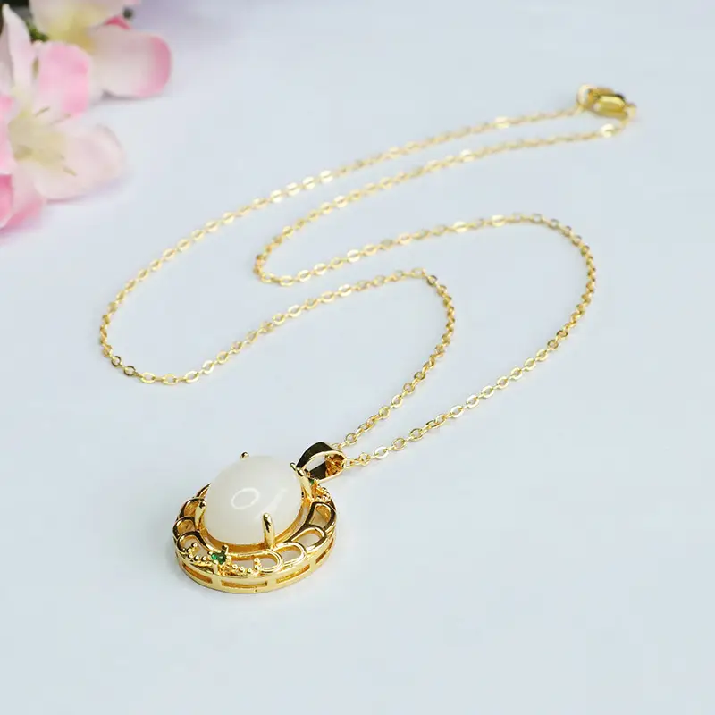 Guan Yu White Jade Pendant Necklace with Green Stones — feature 8