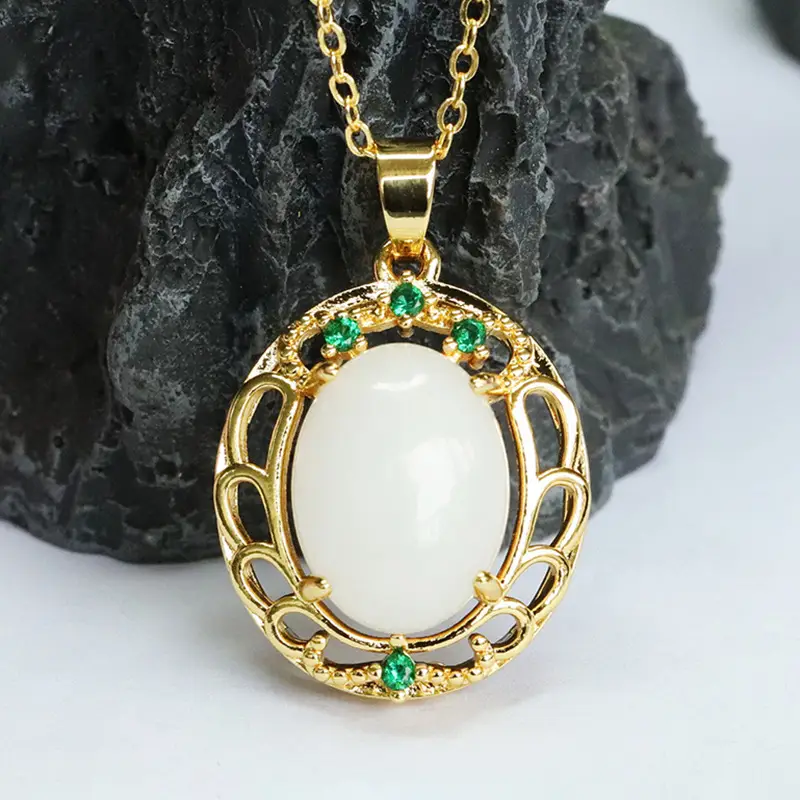 Guan Yu White Jade Pendant Necklace with Green Stones — feature 9