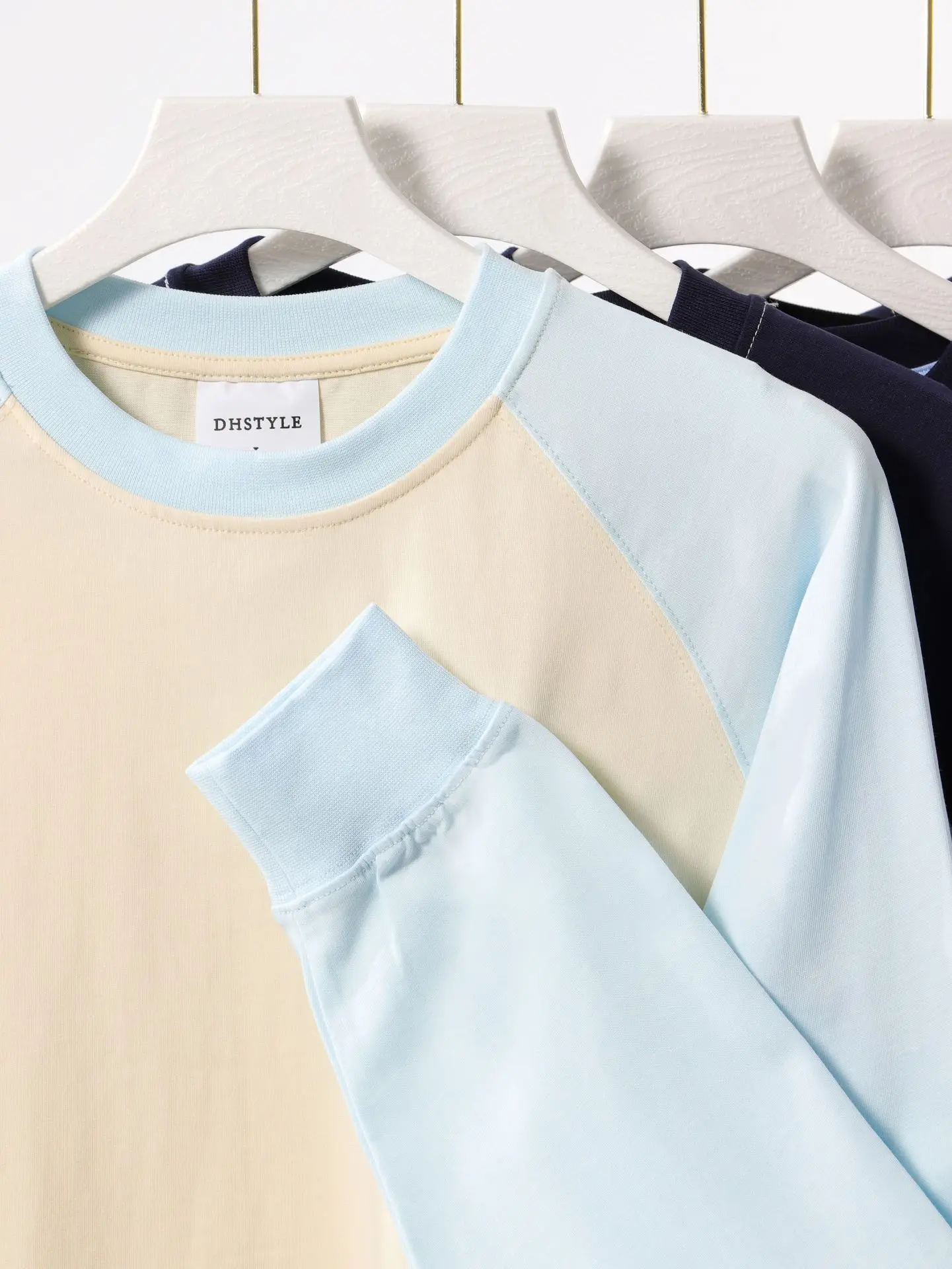 Men Cotton T-Shirt Light Blue Beige Sleeve Design