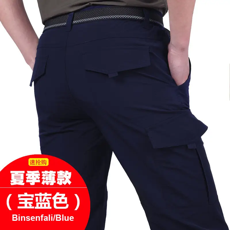 Men Navy Blue Multi-Flap Pocket Pants Quick-Drying - Image 4