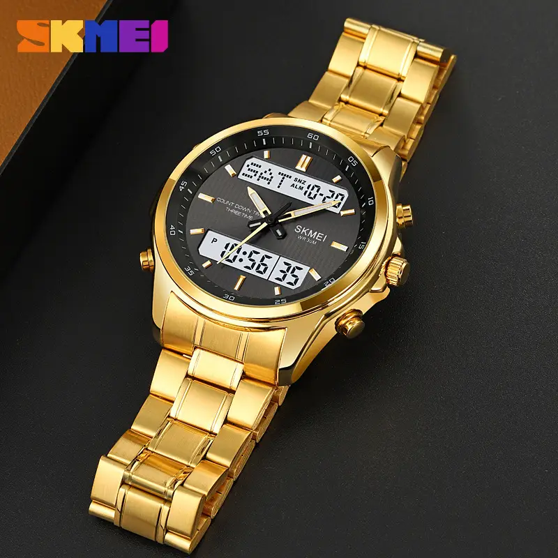 SKMEI Gold Digital Watch for Men Waterproof Dual Display