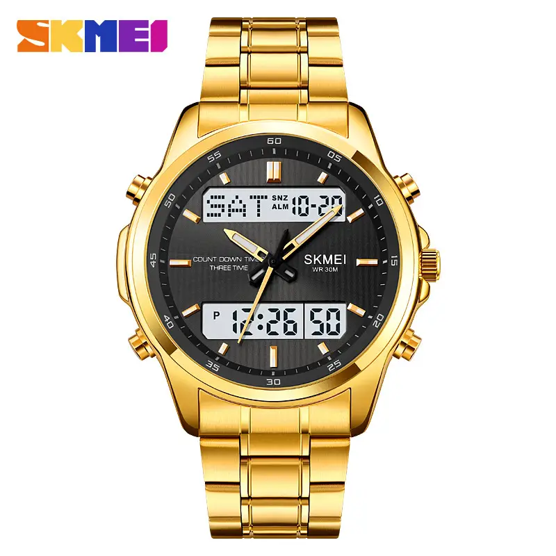 SKMEI Gold Digital Watch for Men Waterproof Dual Display