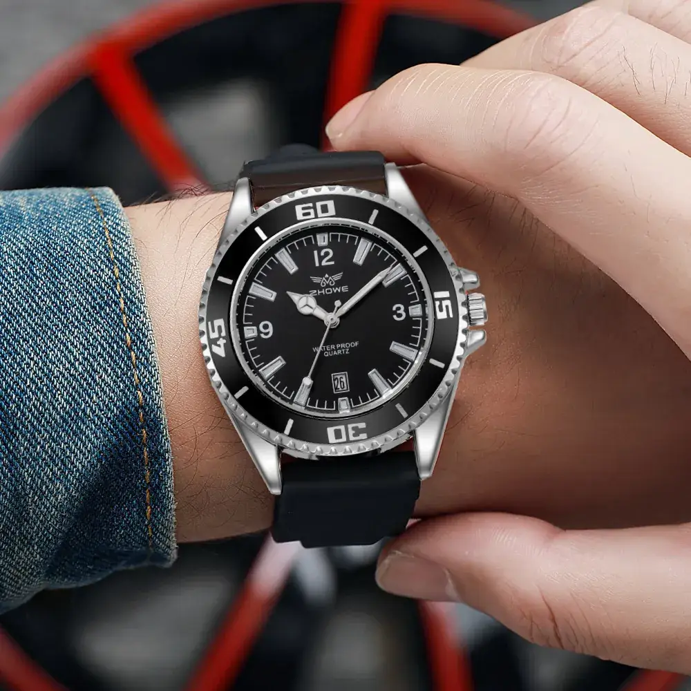 Men's Black Silicone Quartz Watch with Red Dial - Image 7
