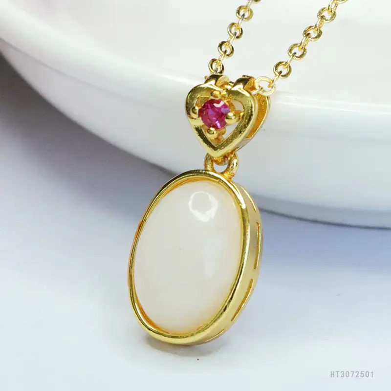 Guan Yu White Jade Heart Necklace with Gold Chain - Image 3