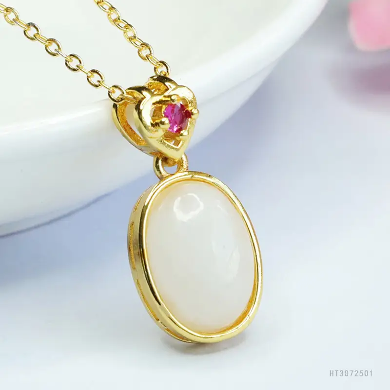Guan Yu White Jade Heart Necklace with Gold Chain - Image 4