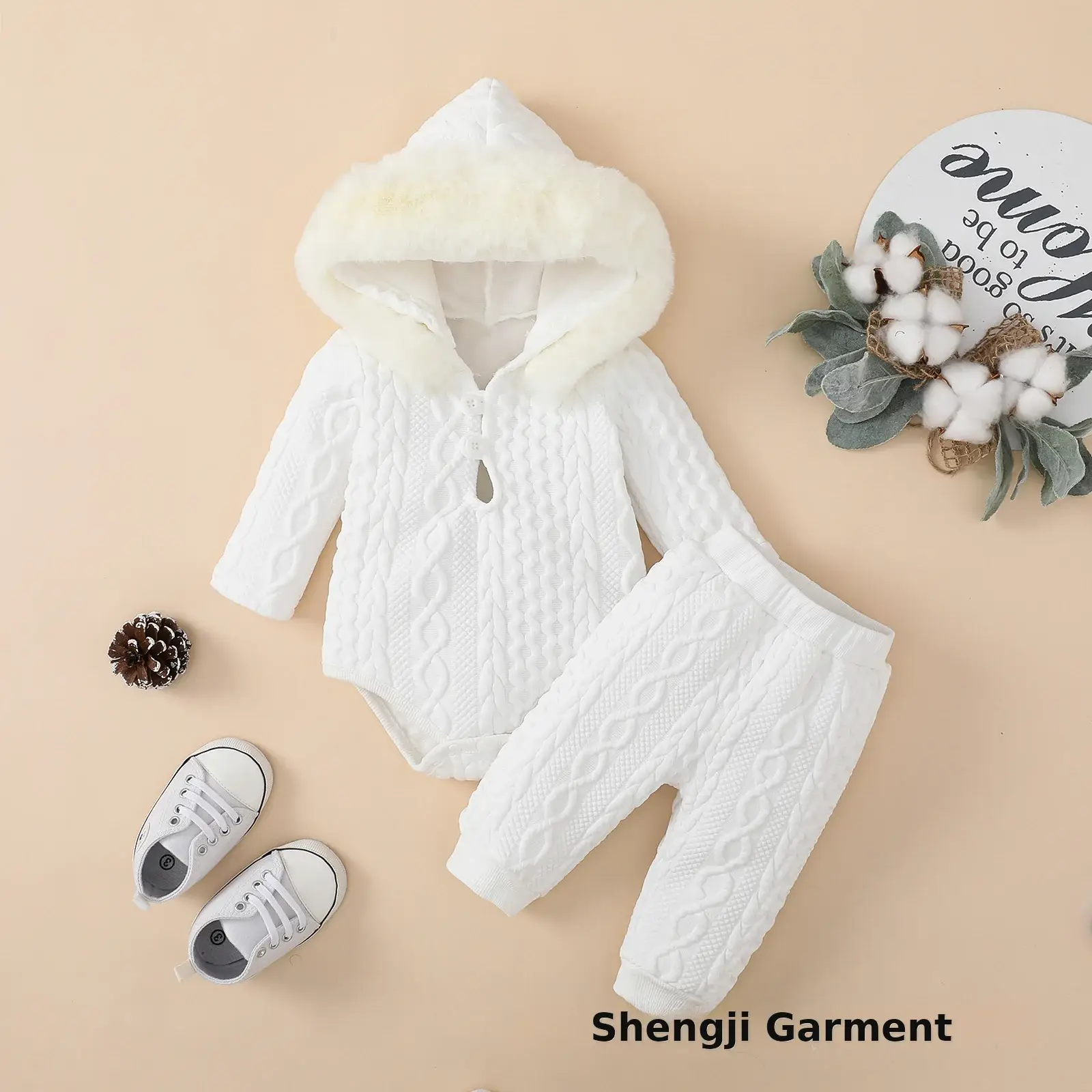 White Hooded Romper for Newborns Two-Piece Set — feature 3