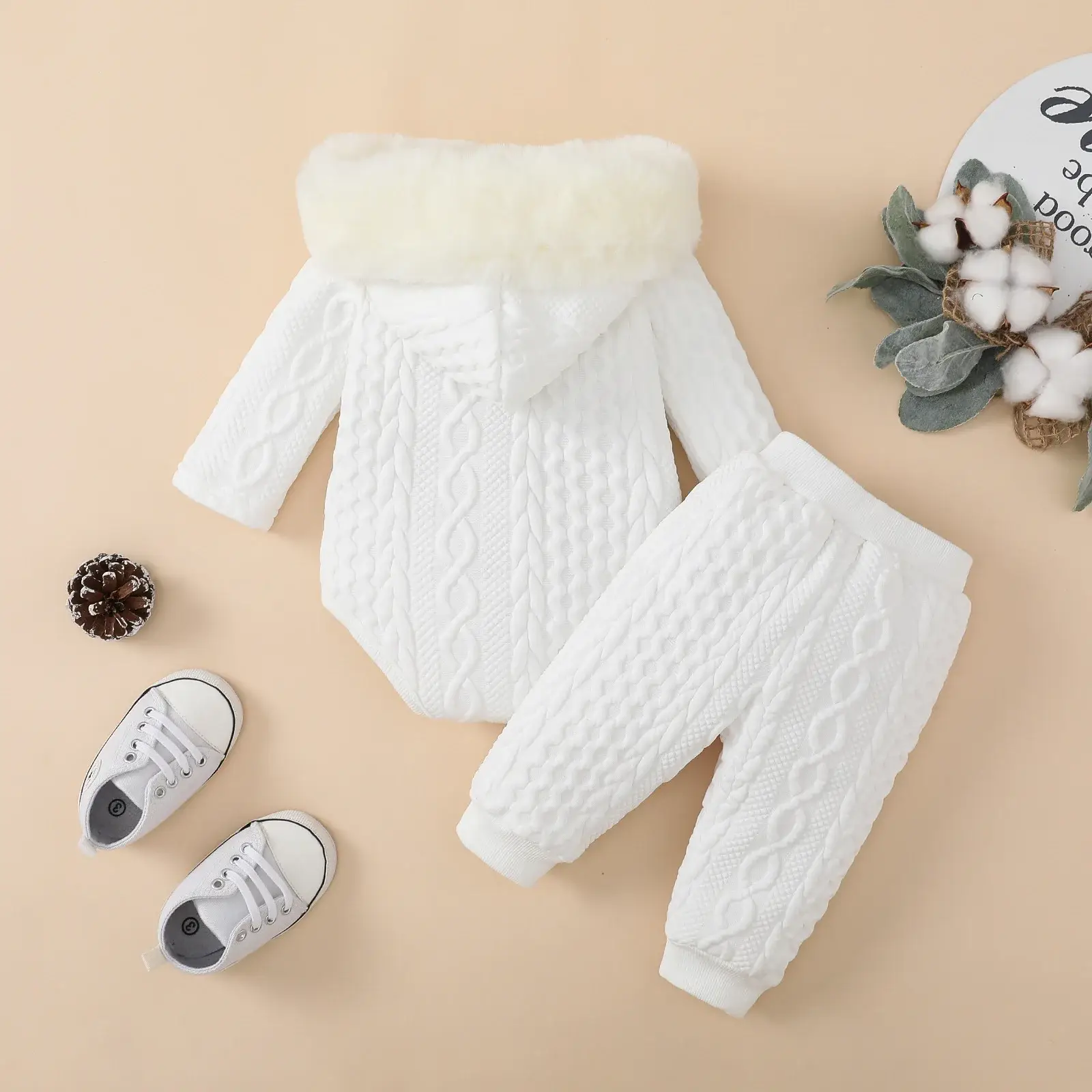 White Hooded Romper for Newborns Two-Piece Set — feature 4