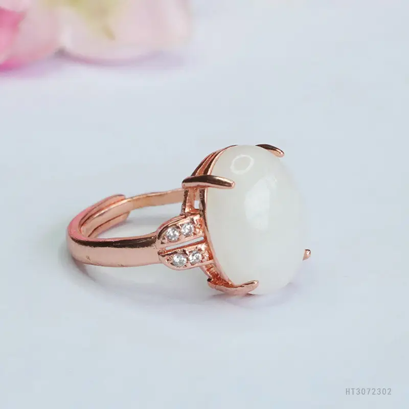 White Jade Finger Ring with Rose Gold Setting - Image 3