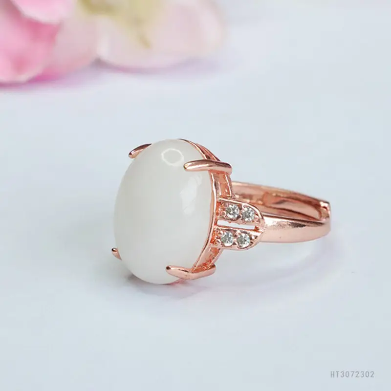 White Jade Finger Ring with Rose Gold Setting - Image 4
