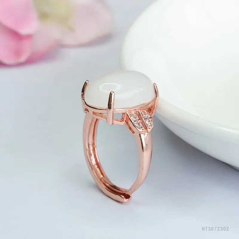 White Jade Finger Ring with Rose Gold Setting - Image 5