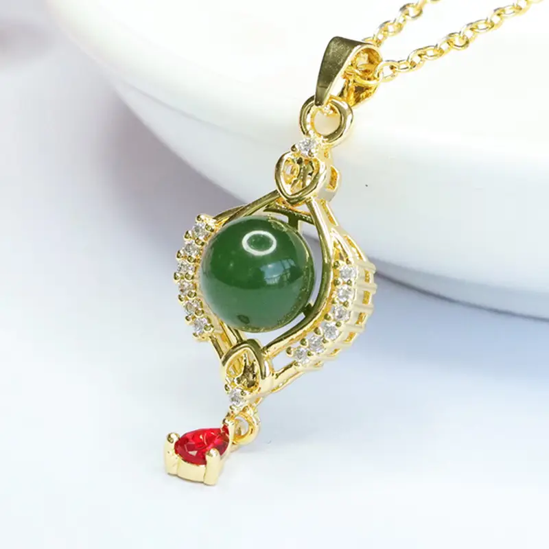Guan Yu Jade Pendant Necklace with Red Stone & Crystal - Image 3