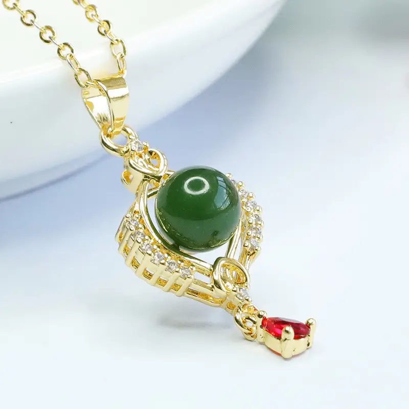 Guan Yu Jade Pendant Necklace with Red Stone & Crystal - Image 4