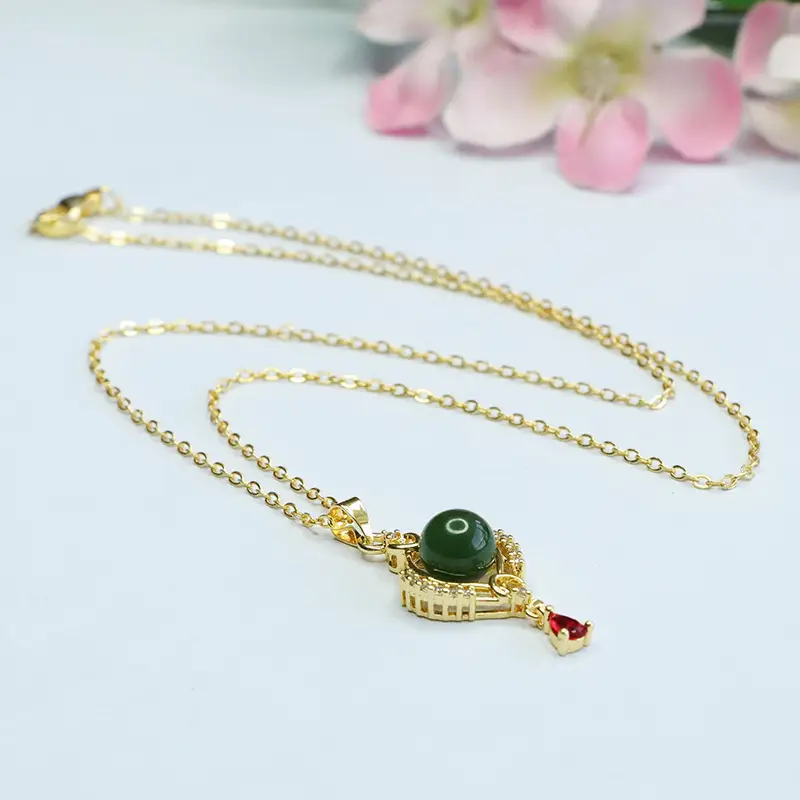 Guan Yu Jade Pendant Necklace with Red Stone & Crystal - Image 5