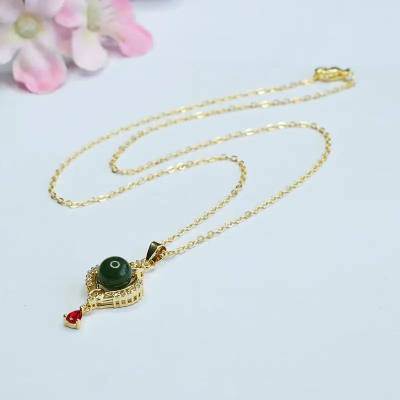 Guan Yu Jade Pendant Necklace with Red Stone & Crystal — feature 9