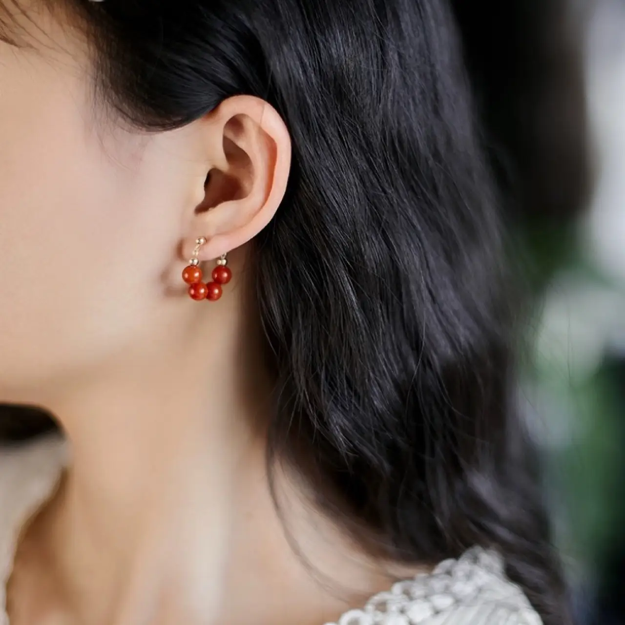 Natural Red Agate Earrings 6mm Round Beads Women