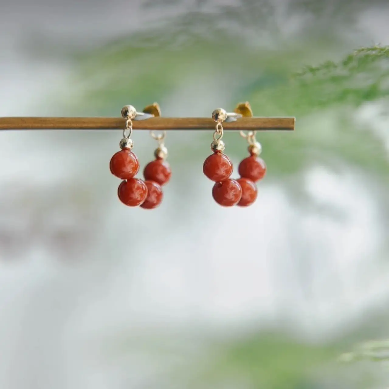 Natural Red Agate Earrings 6mm Round Beads Women