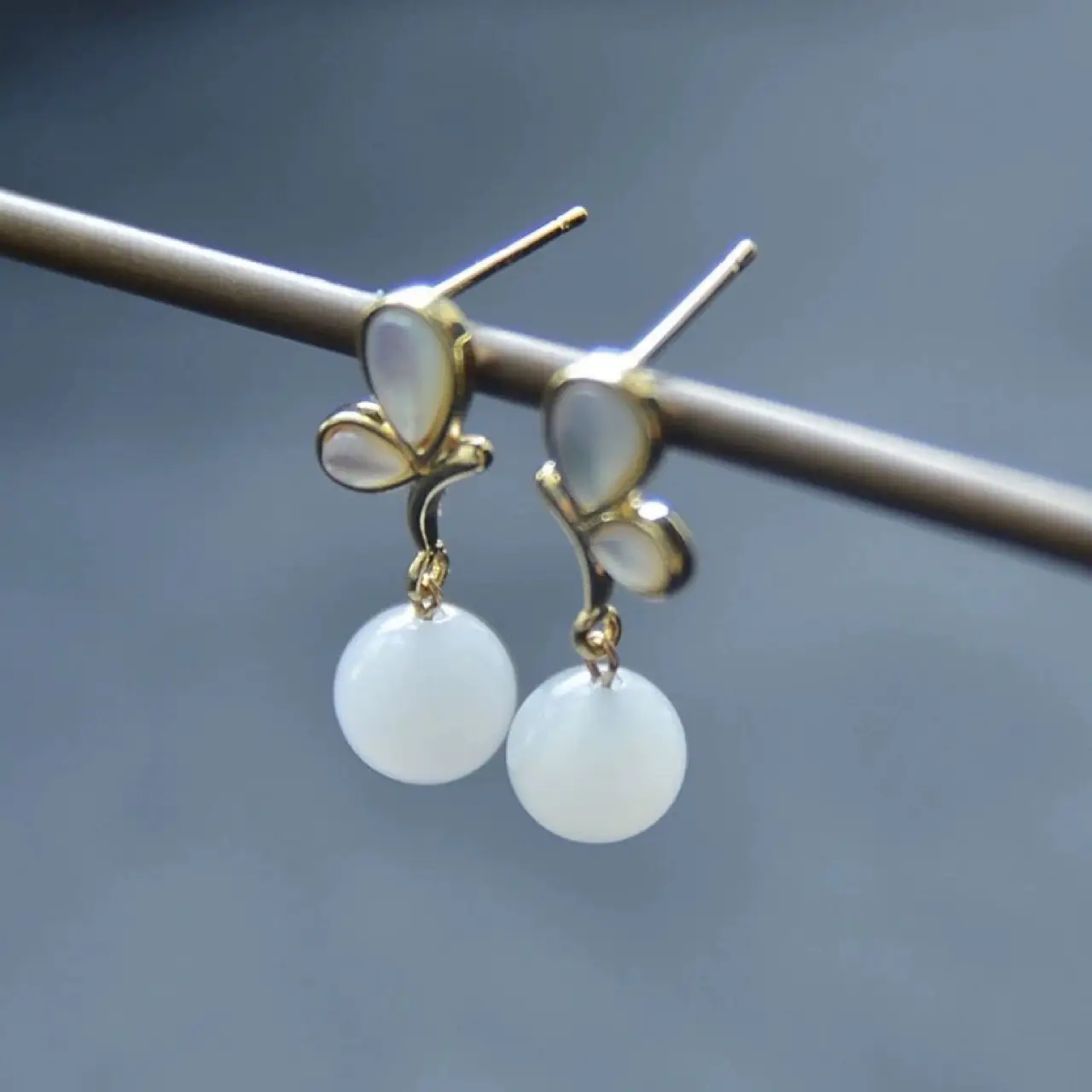 White Jade Butterfly Earrings 925 Silver Gold Plated