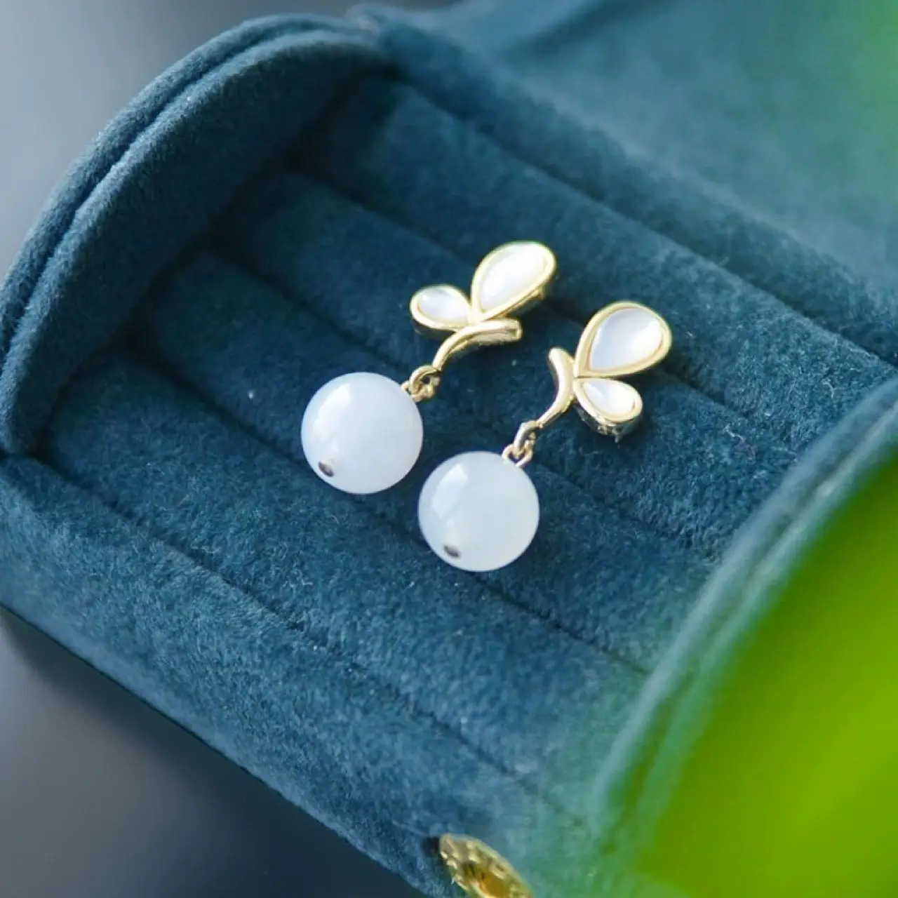 White Jade Butterfly Earrings 925 Silver Gold Plated