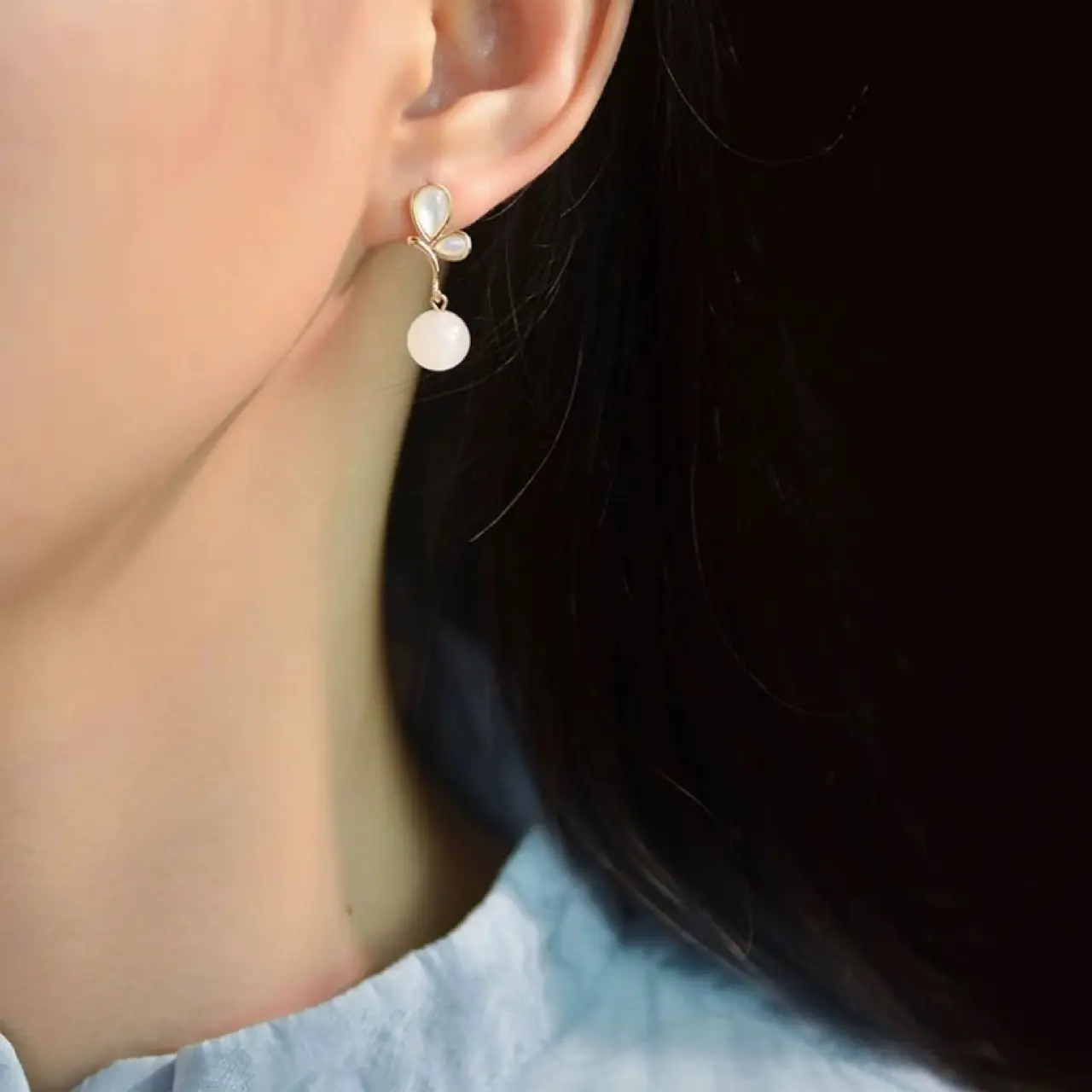 White Jade Butterfly Earrings 925 Silver Gold Plated
