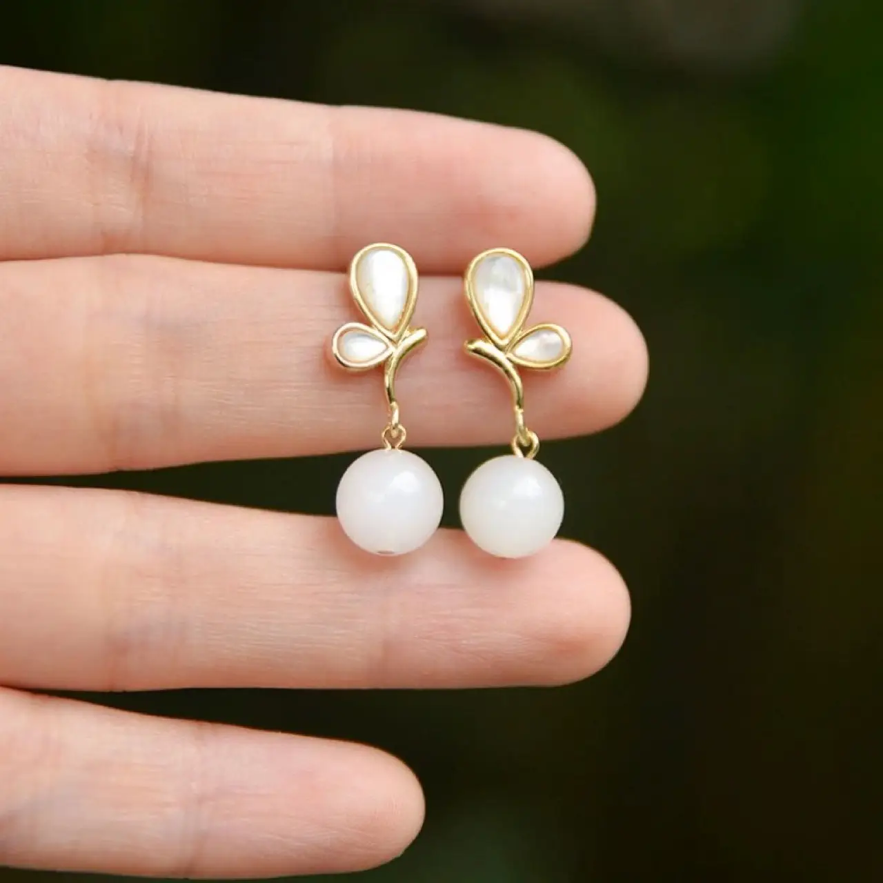 White Jade Butterfly Earrings 925 Silver Gold Plated