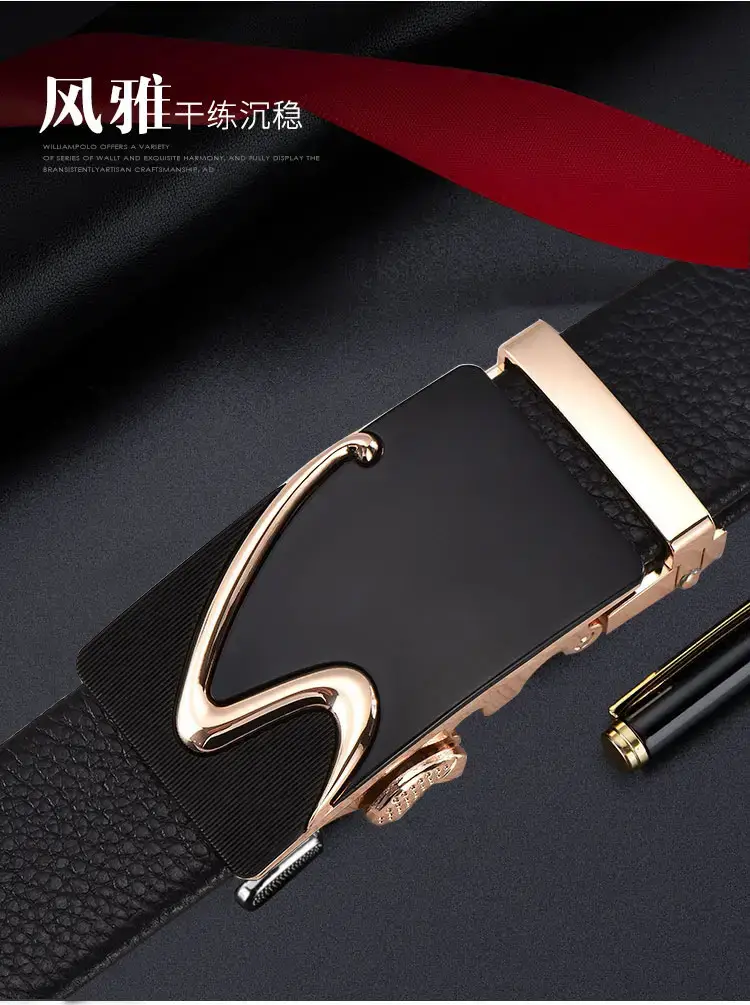 Men's Black Automatic Buckle Belt with Gold Plated Clasp โ feature 2