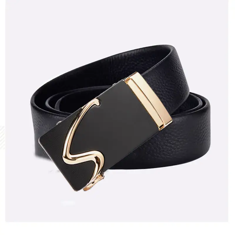 Men's Black Automatic Buckle Belt with Gold Plated Clasp