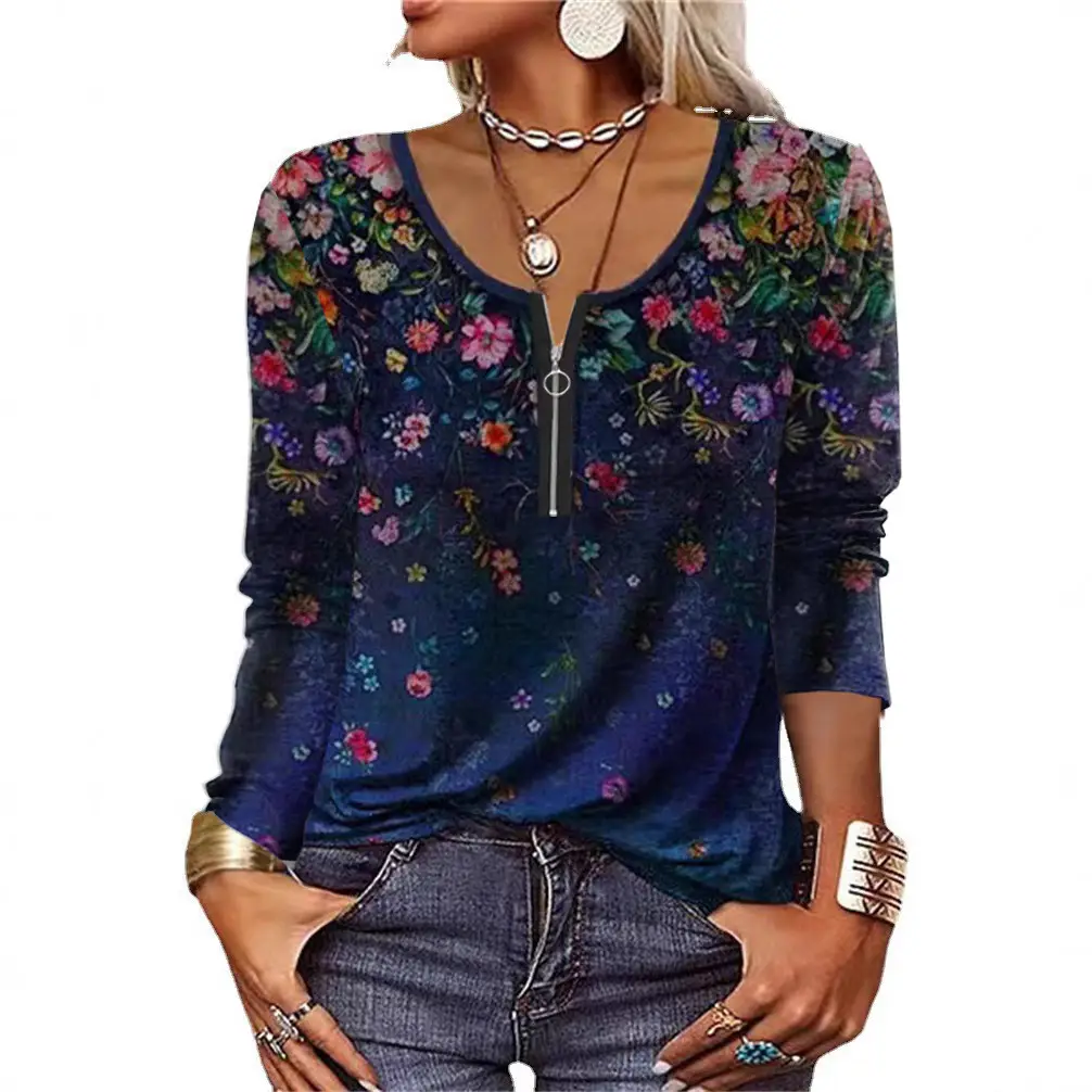 Women Floral Long Sleeve T-Shirt Blue 2023 - Image 7
