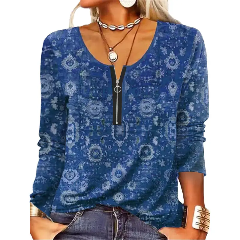 Women Floral Long Sleeve T-Shirt Blue 2023 - Image 4