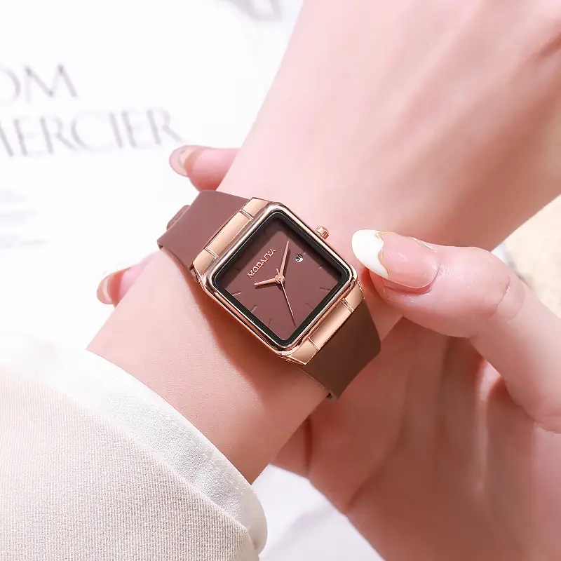 Women's Rose Gold Square Quartz Watch with White Silicone Band — feature 2