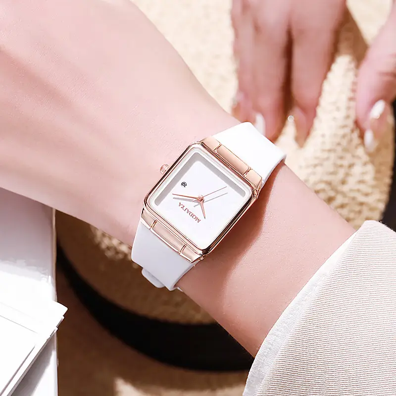 Women's Rose Gold Square Quartz Watch with White Silicone Band — feature 3