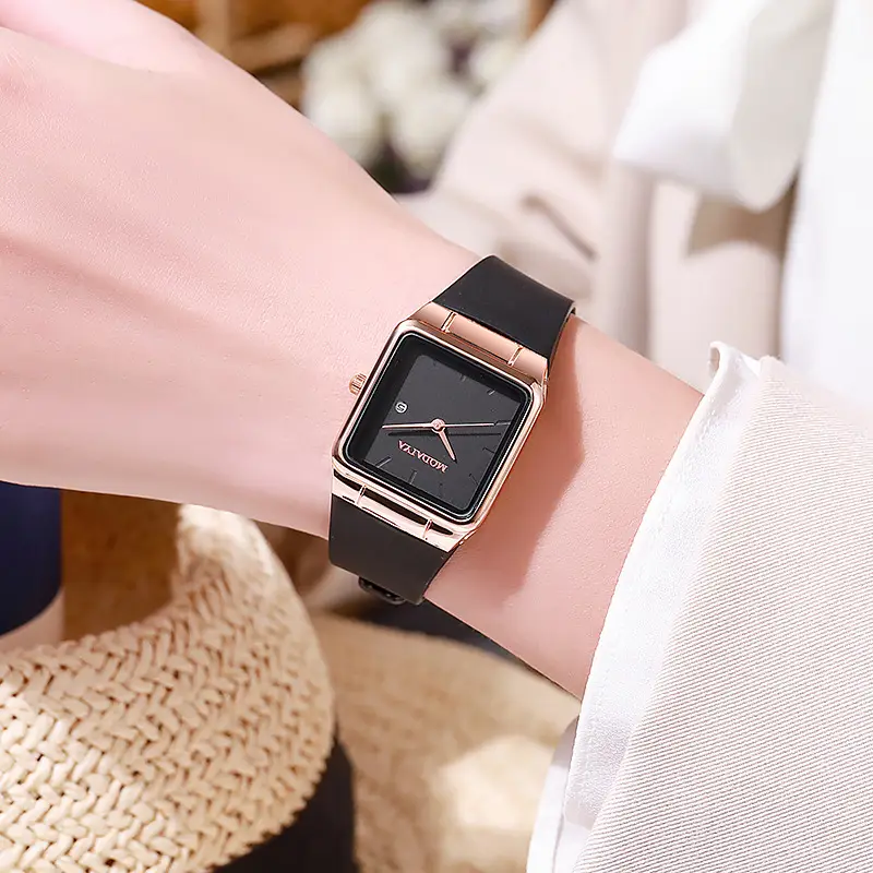 Women's Rose Gold Square Quartz Watch with White Silicone Band — feature 5