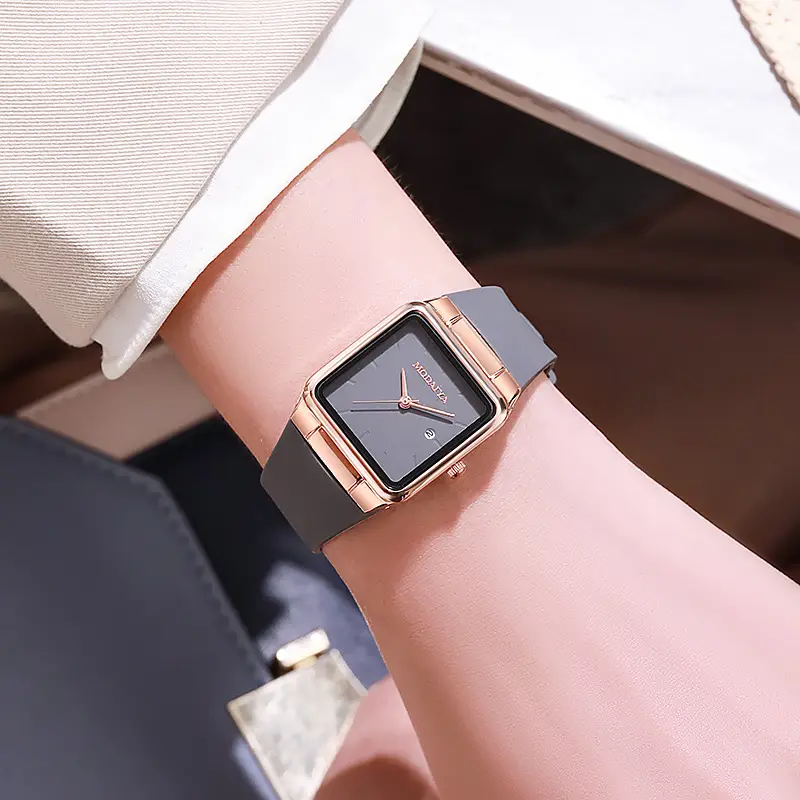 Women's Rose Gold Square Quartz Watch with White Silicone Band — feature 6