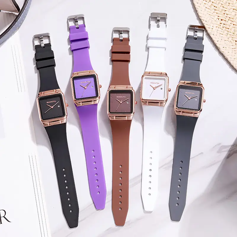 Women's Rose Gold Square Quartz Watch with White Silicone Band — feature 8